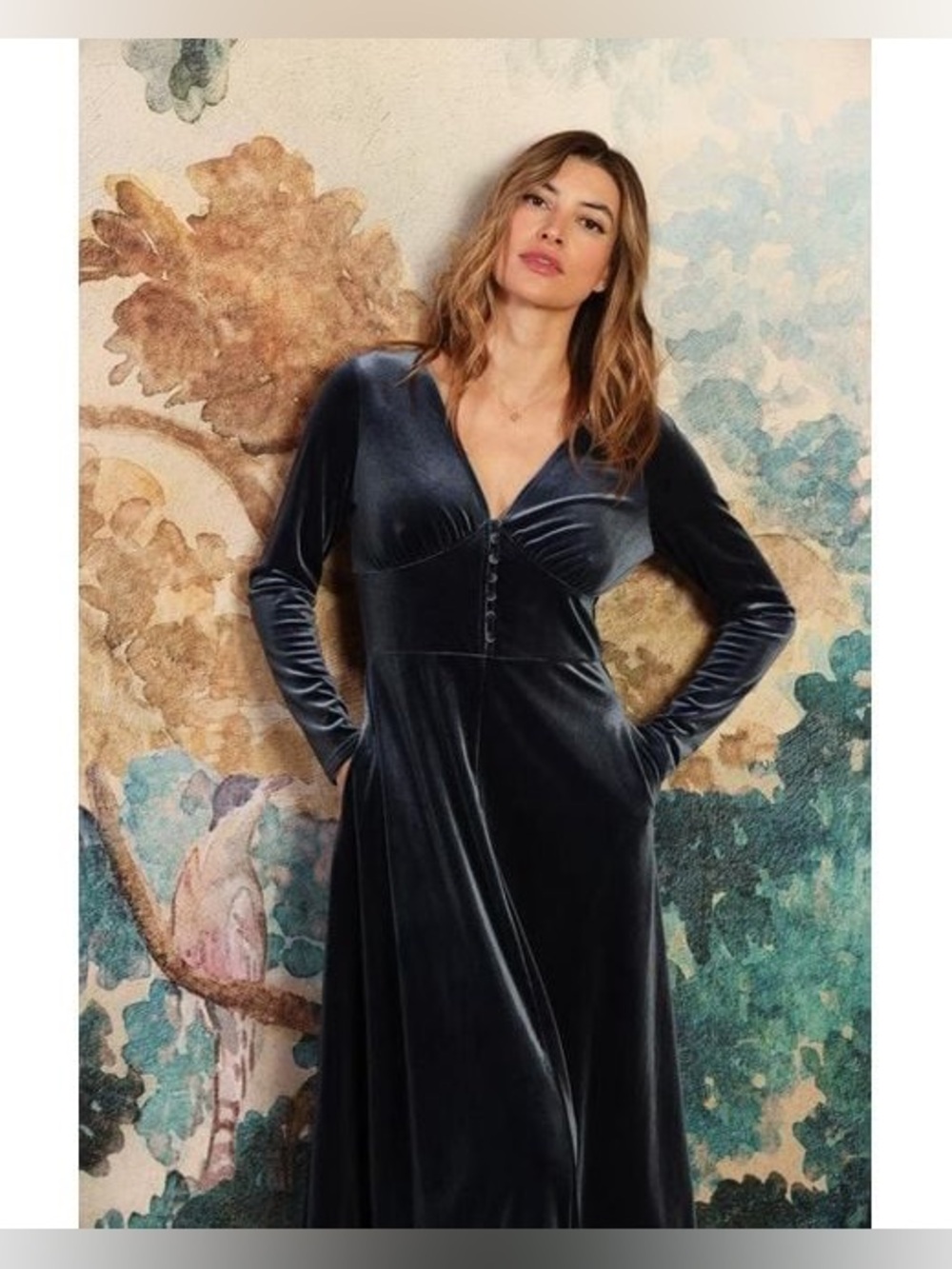 Traffic People Blue Velvet Maxi Dress V Neck Button Accent Long Sleeve S NWOT